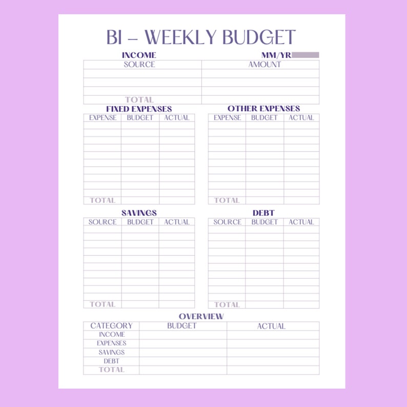 Bi weekly Budget Template Printable Bi Weekly Paycheck Etsy