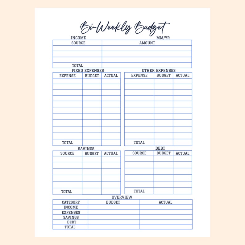 Bi-weekly Budget Template Printable, Bi-weekly Paycheck PDF, Bi-weekly ...