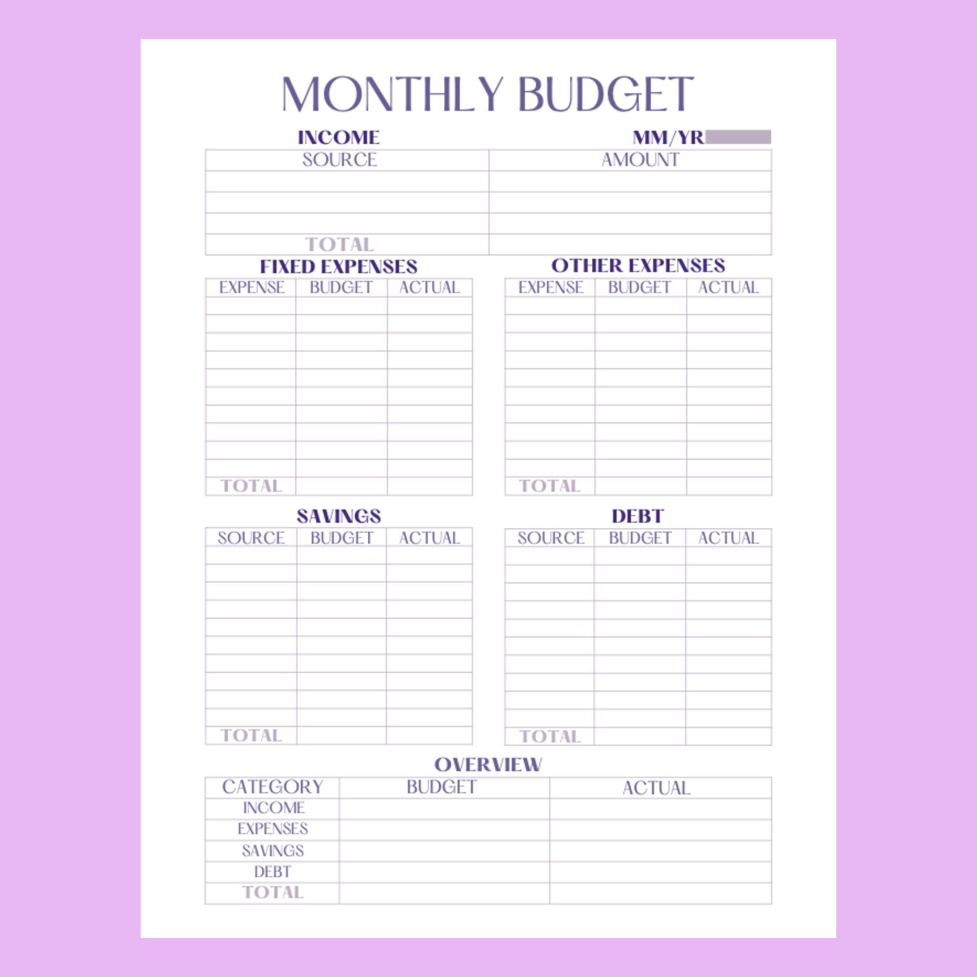 Digital Budget Planner Printable Monthly Budget Planner Editable