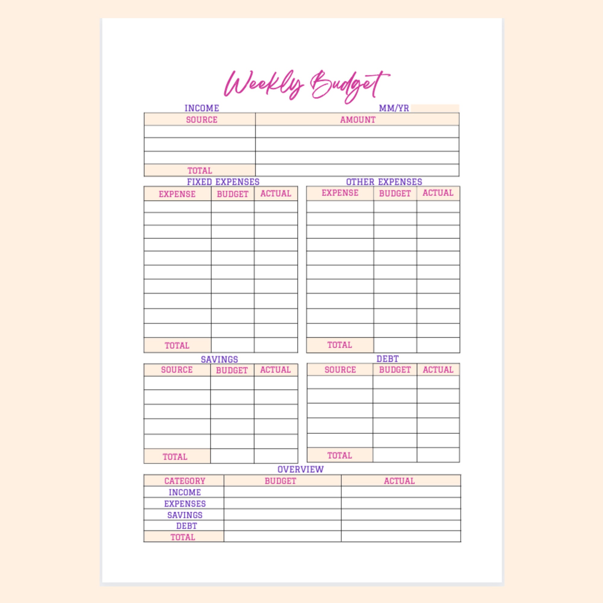 Weekly Budget Template, Weekly Budget Printable, Weekly Budget PDF ...