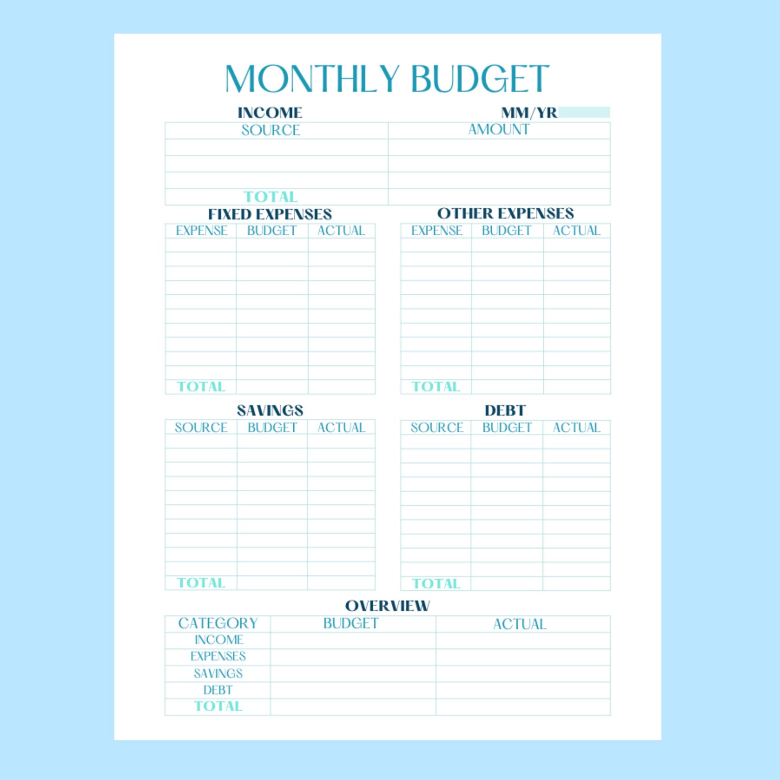 Monthly Budget Finance Template Printable Monthly Finance Etsy