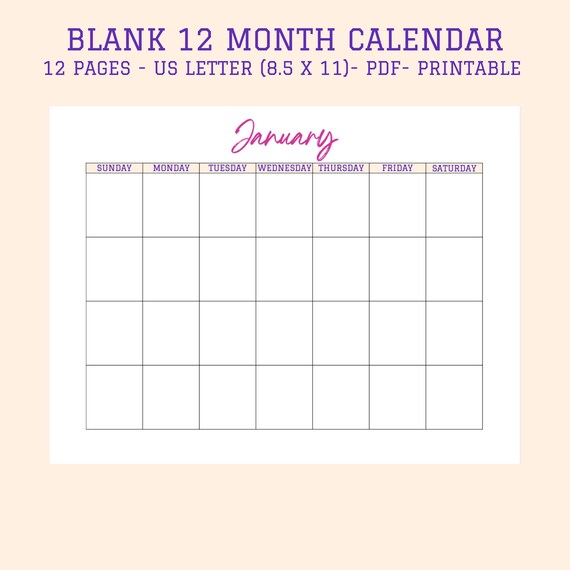 Calendar, Calendar Template, Calendar Printable, Blank Calendar, Monthly  Calendar, Calendar Planner, Blank 12 Month Calendar - Etsy