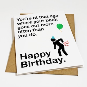 Carte d'anniversaire pour oncle et tante vieillissante, voeux d'anniversaire sarcastiques pour maman et papa, quand vous avez le dos plus souvent que vous