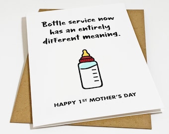 Funny Mother's Day Card, Bottle Service Card For Mom, Funny First Mothers Day Greeting Card For New Mom, Mommy Gift Card For Young Mom
