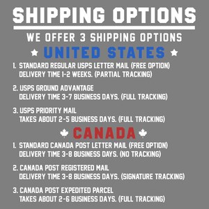 Pode incluir: Um gr&aacute;fico cinza e branco com o texto "SHIPPING OPTIONS" e "WE OFFER 3 SHIPPING OPTIONS". O gr&aacute;fico lista as op&ccedil;&otilde;es de envio para os Estados Unidos e Canad&aacute;, incluindo correio padr&atilde;o, terrestre, priorit&aacute;rio e expresso. O tempo de entrega e as informa&ccedil;&otilde;es de rastreamento s&atilde;o fornecidos para cada op&ccedil;&atilde;o.