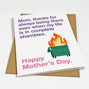 Carte de fête des mères en feu de poubelle - Merci maman pour votre soutien Carte de voeux pour la fête des mères, carte d'appréciation drôle pour la fête des mères