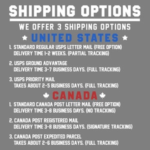 May include: A gray and white graphic with the text "SHIPPING OPTIONS" and "WE OFFER 3 SHIPPING OPTIONS". The graphic lists shipping options for the United States and Canada, including standard, ground, priority, and expedited mail. Delivery times and tracking information are provided for each option.