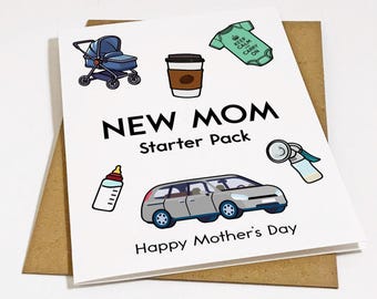 New Mom Starter Pack Greeting Card For First Time Mothers, Funny Mother's Day Card For Wife or Daughter, Matte White A2 Greeting Card