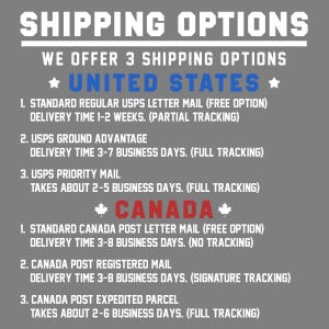 May include: A gray and white graphic with the text "SHIPPING OPTIONS" and "WE OFFER 3 SHIPPING OPTIONS". The graphic lists shipping options for the United States and Canada, including standard, ground, priority, and expedited mail. Delivery times and tracking information are provided for each option.