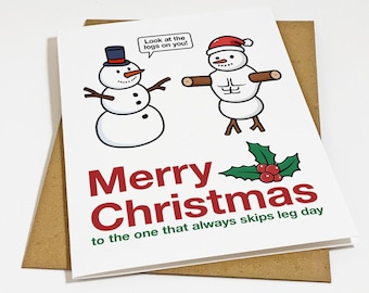 Tarjeta navideña para el día de las piernas - Saludo divertido de muñeco de nieve para gimnasio - Tarjeta navideña para compañero de entrenamiento - Saludo A2 blanco mate