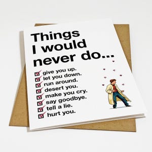 May include: A white greeting card with the text "Things I would never do..." and a list of things. A cartoon figure in a tan coat is on the right. The card is on a brown envelope.