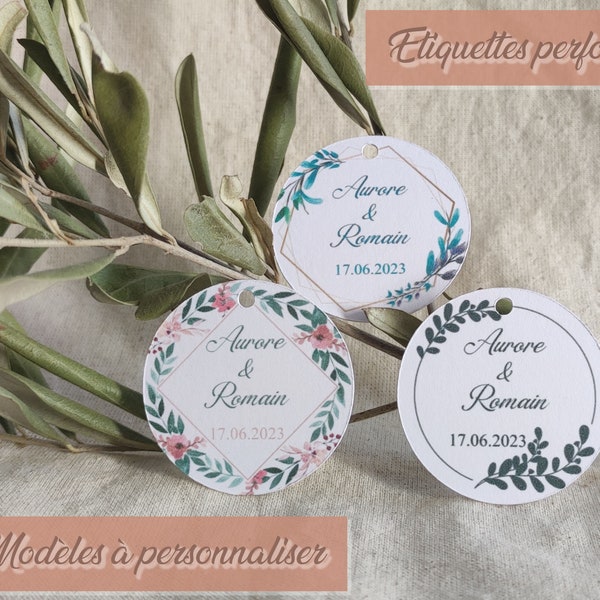 Lot de 20 étiquettes perforées personnalisées pour cadeau mariage, baptême, naissance, anniversaire