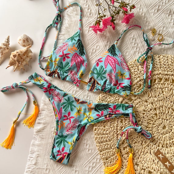 Blue Tropical Leaves Halter Bikini Setswimwear Triangle Etsy