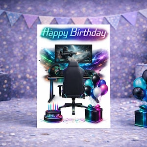 Gaming Einrichtung Geburtstagskarte - Grußkarte mit Neon Schreibtisch, Kuchen & Luftballons | Sofort Download