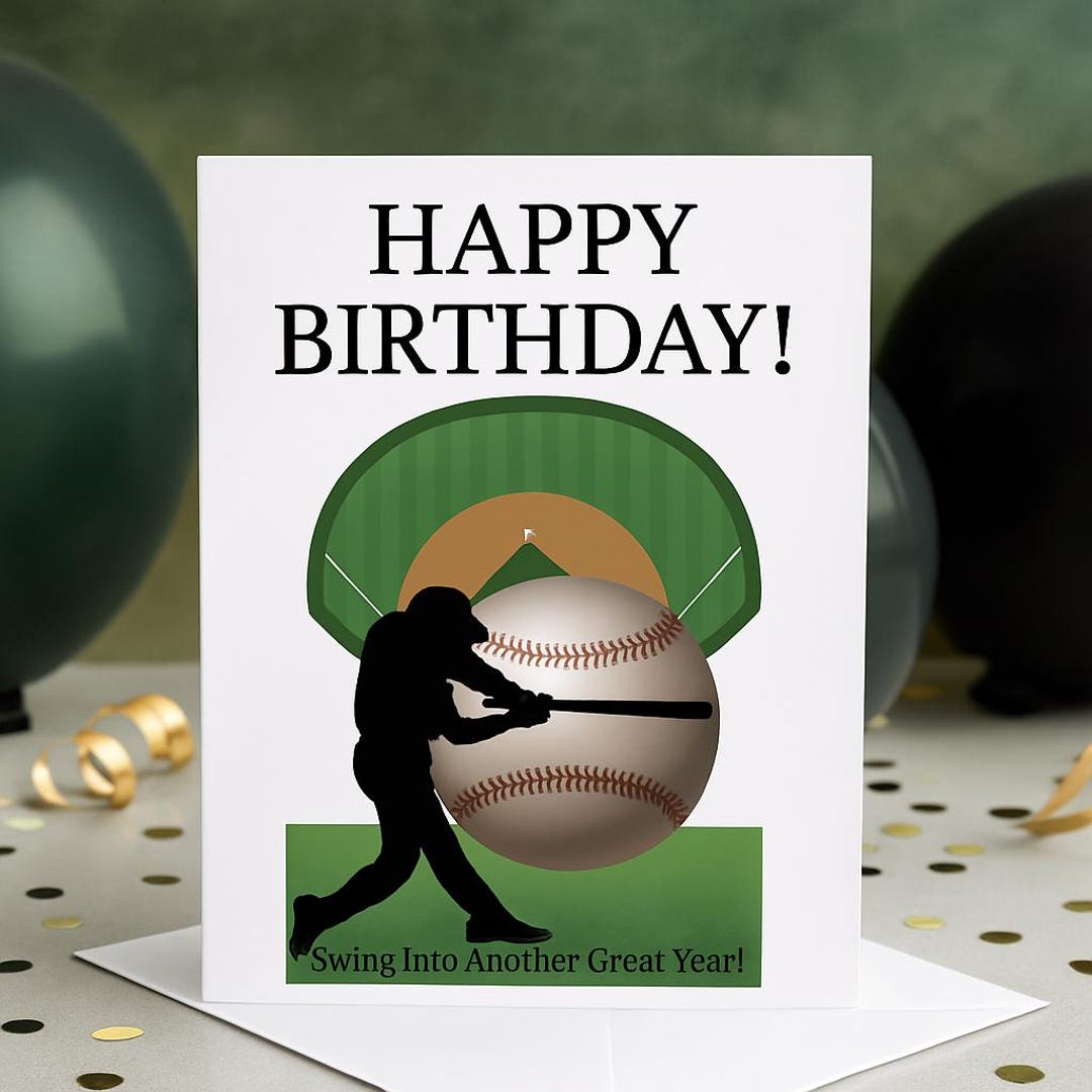 Baseball Birthday Card Printable – Player Silhouette Design, Sports Fan ...
