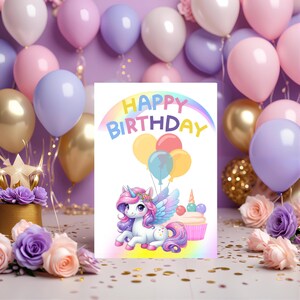 Unicorn Birthday Card – Printable Greeting Card with Rainbow, Cupcake & Balloons | Instant Download