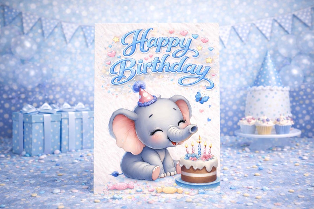 Whimsical Elephant Birthday Card – Pastel Candies, Cake, Party Theme ...