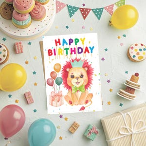Safari Animal Birthday Greeting Card – Printable Baby Lion Design | Instant Download