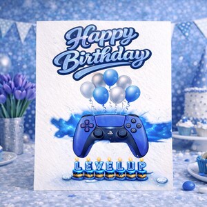 Level Up Gamer Verjaardagskaart – Afdrukbare wenskaart met controller en ballonnen | Direct downloaden