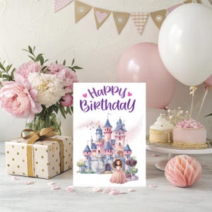 Princess Birthday Card – Castle & Presents Theme Printable Greeting Card | Instant Download