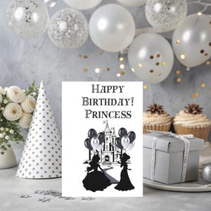 Princess Silhouettes Birthday Card – Printable Greeting Card with Castle & Balloons | Instant Download