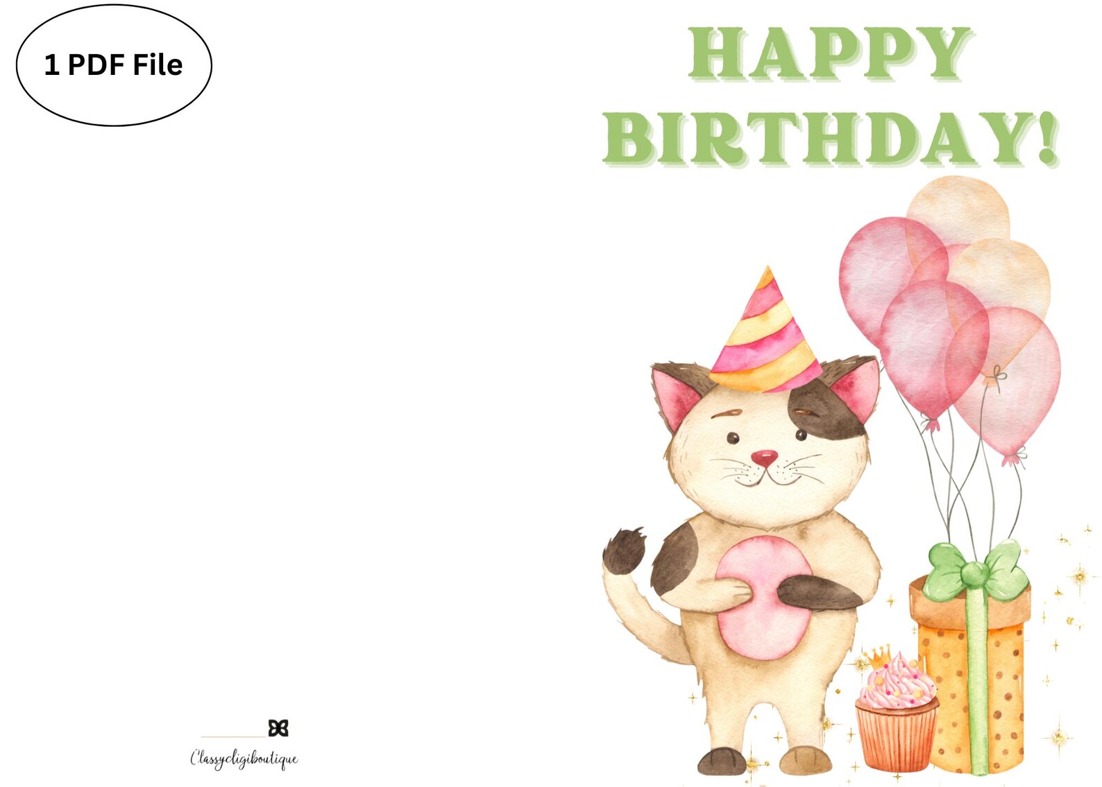Birthday Cat Greeting Card – Printable Card With Hat, Balloons, Cupcake ...