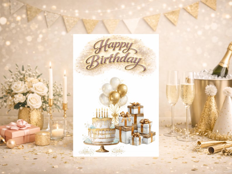 Gold Elegant Birthday Card – Printable Greeting Card With Cake ...