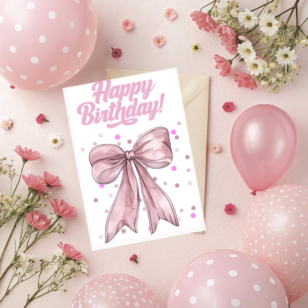Pink Bow Birthday Card – Printable Greeting Card With Polka Dot ...