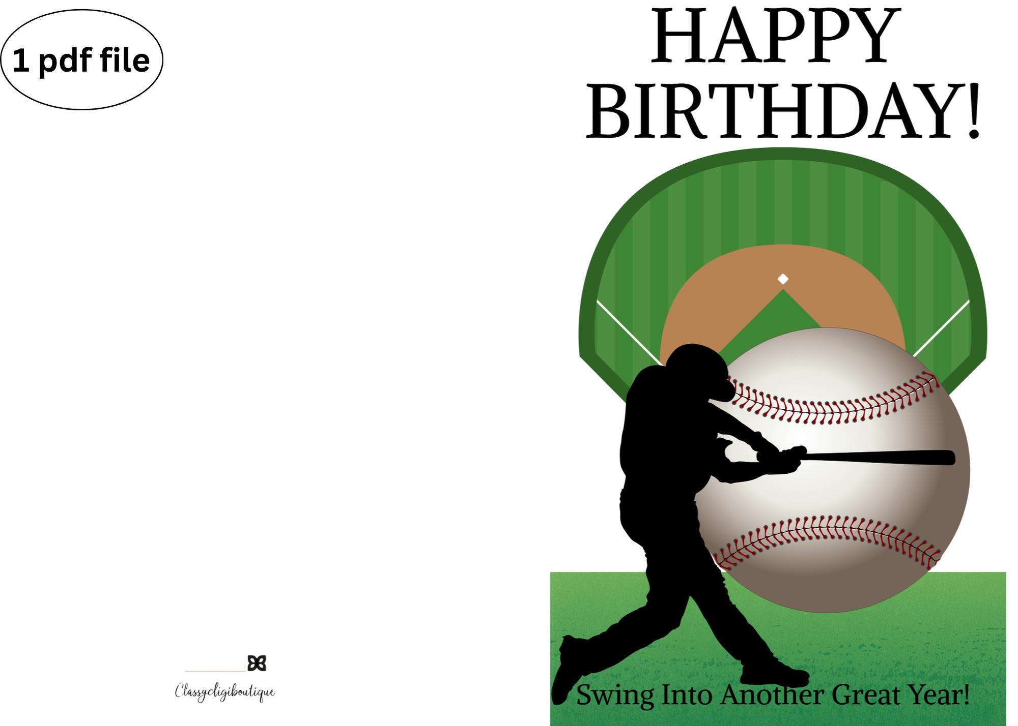 Baseball Birthday Card Printable – Player Silhouette Design, Sports Fan ...