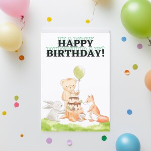 Forest Animal Birthday Card – Bear, Rabbit & Fox | Printable Woodland Greeting Card | Instant Download for Kids