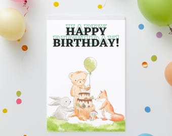 May include: A birthday greeting card with the words "HAPPY BIRTHDAY!" in green and black. The card features a watercolor illustration of a bear, fox, and rabbit gathered around a cake on a tree stump, with a green balloon.