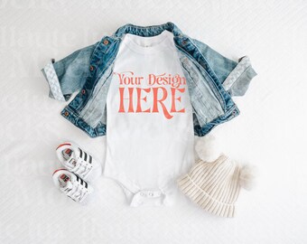 Bella Canvas 100B White Baby Bodysuit Mockup | Flat Lay JPG (Digital Download)
