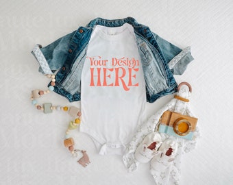 Bella Canvas 100B White Baby Bodysuit Mockup | Flat Lay JPG (Digital Download)