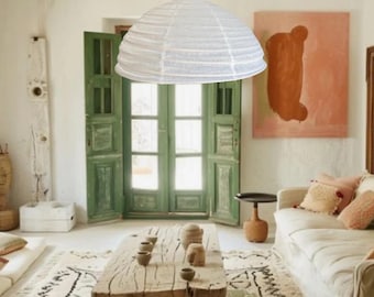 Lámpara colgante de lino blanco cálido con forma de cúpula / Lámpara de techo escandinava Japandi / Iluminación costera nórdica