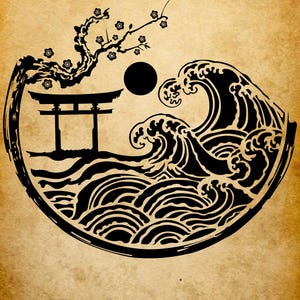 May include: Black and white illustration of a Japanese scene. A torii gate, cherry blossom branch, sun, and ocean waves are enclosed in a circular design. The background is a tan color.