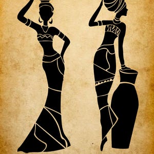 Donne africane in formato SVG, silhouette di donna tribale, arte afrocentrica in formato SVG, file di taglio di donna etnica, clipart di cultura africana in formato PNG, download digitale