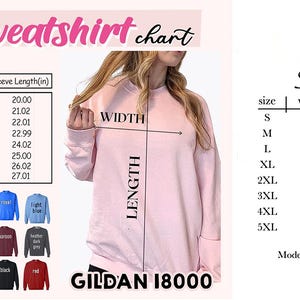May include: A chart displaying unisex sweatshirt and hoodie color options and size measurements. The color chart includes black, white, natural, dark heather, red, maroon, purple, light pink, light blue, navy, orange, kelly, and forest green. The size chart shows measurements in inches.