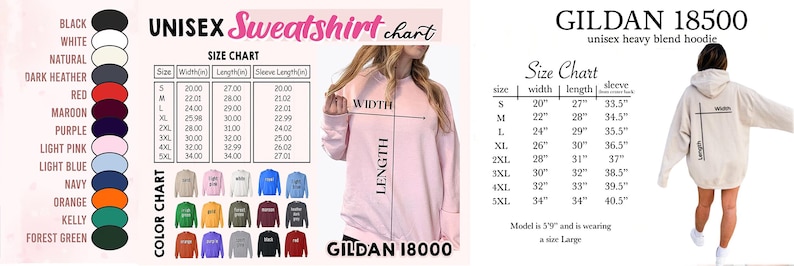 May include: A chart displaying unisex sweatshirt and hoodie color options and size measurements. The color chart includes black, white, natural, dark heather, red, maroon, purple, light pink, light blue, navy, orange, kelly, and forest green. The size chart shows measurements in inches.