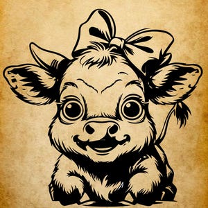 Cute Baby Cow with Bow SVG | Adorable Calf PNG | Farm Animal Clipart DXF | Kawaii Cow Vector for Cricut Silhouette Kids Shirt Nursery Decor