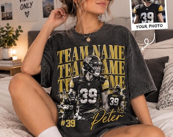 Personalisiertes T-Shirt mit Teamnamen, Spielernummer und Foto des Spielers, Geschenkideen für Fußballspiele in bequemen Farben, T-Shirt für Fußball-Väter am Spieltag