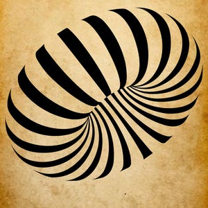 Op de afbeelding: Een zwart-wit gestreept optisch illusiedesign in de vorm van een cirkel. Het ontwerp is op een bruine achtergrond.