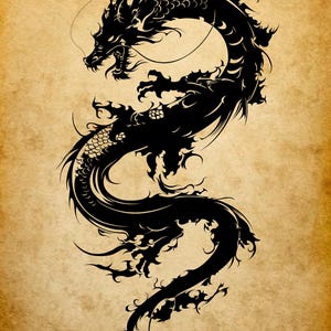 Op de afbeelding: Een gedetailleerde zwarte drakenillustratie tegen een getextureerde, sepia-getinte achtergrond. De draak is afgebeeld in een dynamische pose, met een gebogen lichaam en scherp gedefinieerde kenmerken. Het kunstwerk roept een gevoel van oude mythologie en fantasie op.