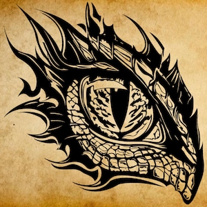May include: Black and white illustration of a dragon's eye with a scaly texture and a fiery design.