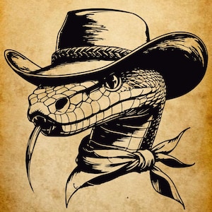 May include: A monochrome illustration of a snake wearing a cowboy hat and a bandana. The snake's head is detailed with scales and a forked tongue. The background is a textured, tan colour.
