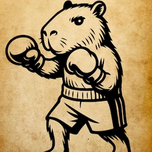 Puede incluir: Ilustración en blanco y negro de un carpincho con equipo de boxeo, con guantes y pantalones cortos, en pose de combate. La imagen tiene un fondo de papel envejecido vintage.