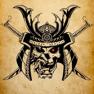 Tête de mort samouraï SVG, PNG masque de guerrier japonais, katana épée samouraï Clipart, casque de samouraï SVG pour Cricut, tatouage Style art samouraï