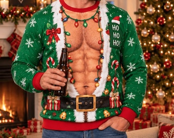May include: A green long-sleeve sweater featuring a printed graphic of a muscular torso, a black belt with a gold buckle, candy canes, and a string of colorful lights. The sweater has white faux fur trim, red cuffs, and the text HO HO HO printed on it.