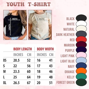 May include: Image shows a youth t-shirt in black and natural colors. The image includes a size chart with body length and width measurements in inches and centimeters. Available colors include black, white, and navy.