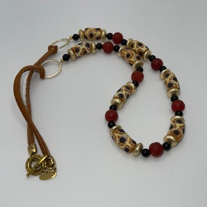 African Trade Bead Necklace: Carnelian & Leather Tribal Jewelry
