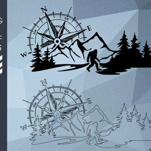 Bigfoot Compass SVG: Sasquatch Mountain Scene (Digital Files)